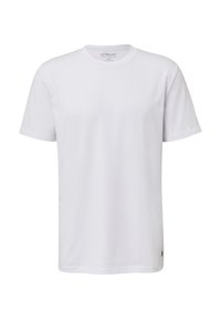 Weißes Baumwoll-T-Shirt mit Rundhalsausschnitt und kurzen Ärmeln. Auf der unteren Seite befindet sich ein kleines Markenlogo. Weiche Textur, klassischer Schnitt.