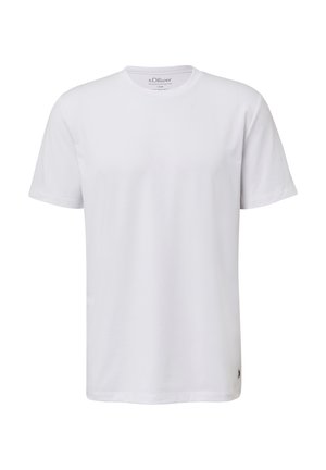 T-shirt en coton blanc avec un col rond et des manches courtes. Présente un petit logo de marque sur le bas. Texture douce, coupe classique.