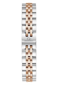 Bracciale in metallo argento e rosa con design a maglia; presenta superfici lucidate e un logo inciso su un link.