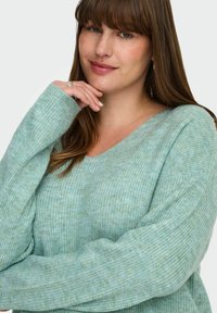 Šviesiai žalias, ribuotas megztinis su V formos iškirpte ir ilgomis rankovėmis. Minkšta tekstūra su laisvu siluetu, pasižymintis subtiliais spalvos atspalviais.