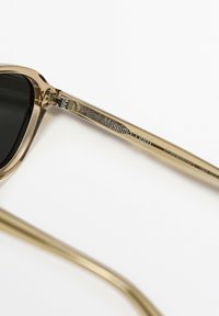 Närbild av en beige, genomskinlig solglasögonarm med inristat varumärkesnamn "Massimo Dutti" och modellinformation.