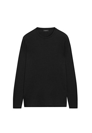 Maglione nero a maniche lunghe in morbido cotone, con scollo tondo e trama uniforme senza motivi o accenti.