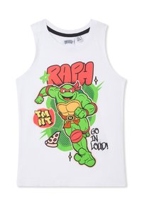 Canottiera bianca con un design grafico di un personaggio tartaruga verde e il testo "RAPH", "TMNT" e "GO IN LOUD!" in colori vivaci.