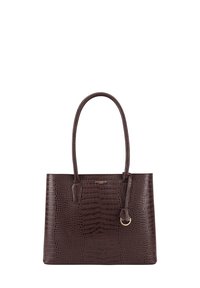 Bruine krokodil-embossed tote bag met twee handvatten en een gouden ringaccent. Heeft een gestructureerd ontwerp en een gladde textuur.