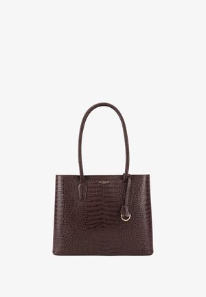 Brown crocodile-embossed tote bag with two handles and a gold ring accent. Features a structured design and smooth texture.