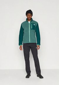 Zelena flis jakna z zadrgo spredaj, kontrastnimi rokavi in prsnim žepom. Črne hlače in čevlji dopolnjujejo obleko.