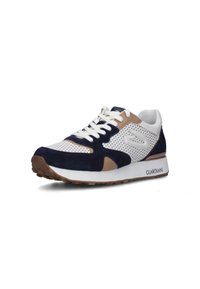 Sneaker con una parte superiore in suede blu navy, pannelli in mesh bianchi, accenti beige e lacci bianchi. Presenta una suola in gomma con il marchio "GUARDIANI".