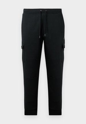 Black sweatpants made of soft fabric, featuring an elastic waistband with drawstrings, ribbed cuffs, and side cargo pockets.