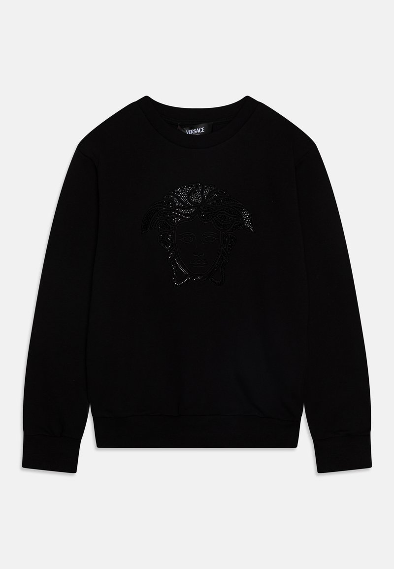 Black sweatshirt featuring a Medusa emblem in black studs at the center. Made from soft fabric with ribbed cuffs and hem.