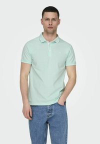 Hellgrünes Polohemd mit Kragen, kurzen Ärmeln und kleinem Logo. Kombiniert mit blauen Jeans, die ein lässiges Design zeigen.