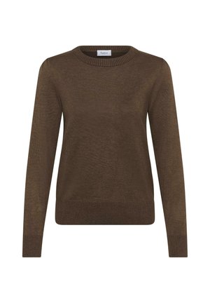 Pull en tricot brun avec des manches longues, un col rond et des poignets et un ourlet côtelés. Texture lisse avec un aspect doux et léger.
