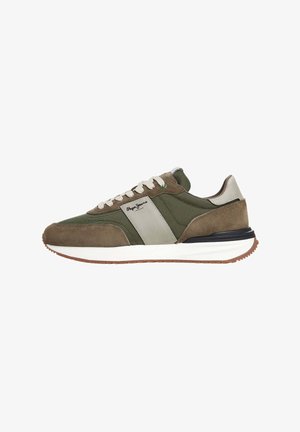 Olive green sneakers with a mix of suede and mesh material, featuring a white midsole, beige accents, and contrasting dark rubber sole.