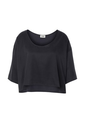 Zwarte losse, cropped top met korte mouwen, ronde hals en gelaagde stofdetail aan de voorkant.