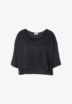 Czarny luźny krótki top z krótkim rękawem, okrągłym dekoltem i warstwowym detalem tkaniny z przodu.