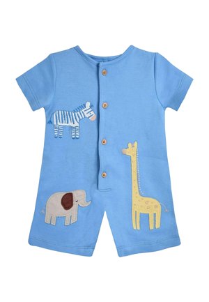 Helles blaues Kurzarm-Spielanzug mit gestickten Designs von Zebra, Giraffe und Elefant. Komplett mit Holzknöpfen auf der Vorderseite.