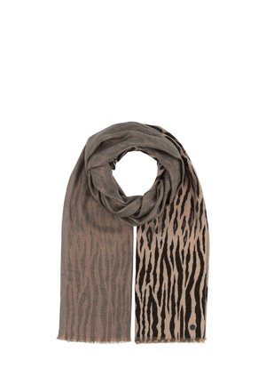 Beige and brown scarf featuring a zebra stripe pattern, made of a soft material with fringed edges, showcasing two contrasting sides.