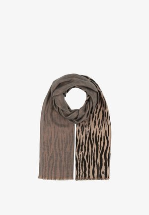 Beige and brown scarf featuring a zebra stripe pattern, made of a soft material with fringed edges, showcasing two contrasting sides.
