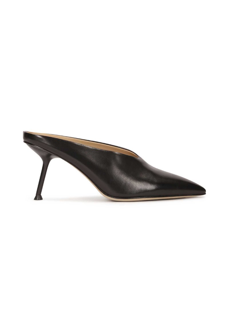 Black leather slingback shoe with a pointed toe and a slender stiletto heel, featuring a smooth texture and simple design elements.