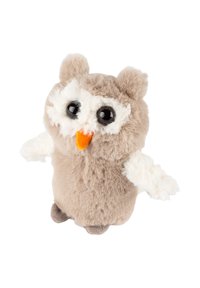 Plush owl toy with soft beige and white fur, large black eyes, orange beak, and small white wings. Round, chubby body shape.