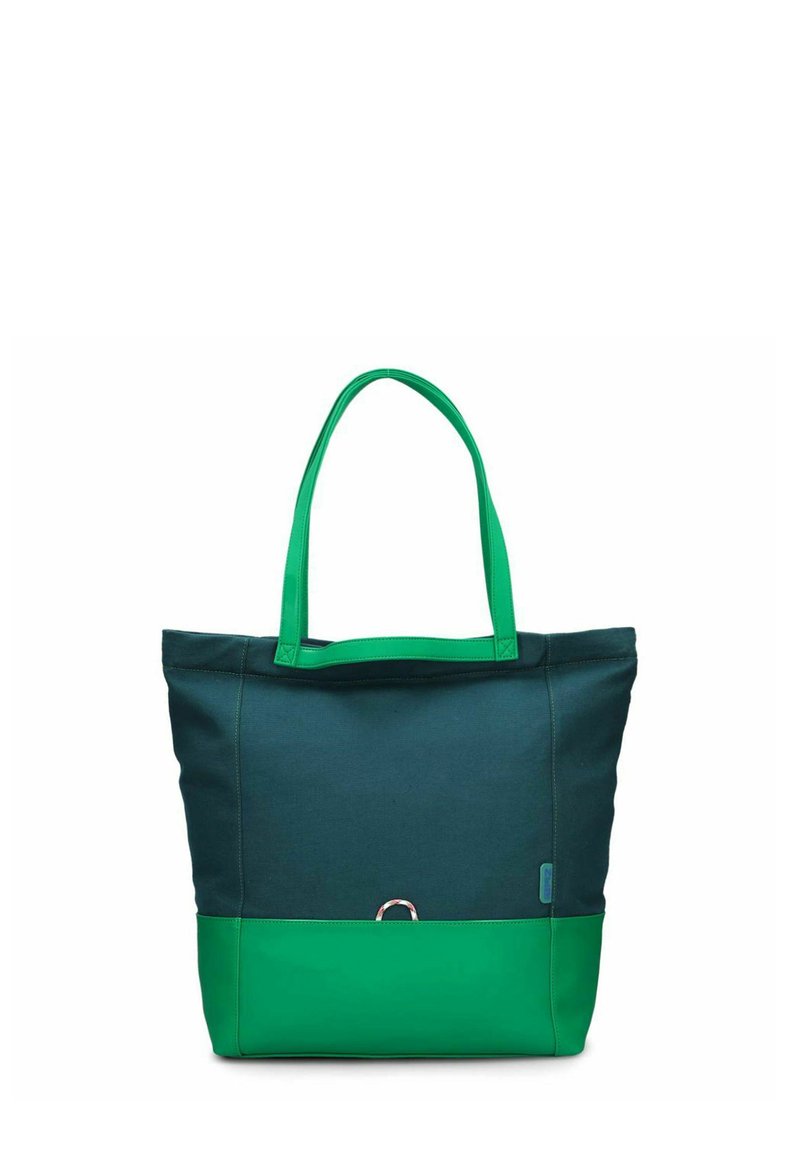 Borsa a tracolla con un corpo in tela verde scuro e un fondo verde brillante. Presenta due manici coordinati e un piccolo accento metallico sul davanti.