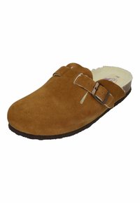 Brown suede clog with a flat sole, a raised toe section, and two adjustable straps with metal buckles. Interior lined with soft material.