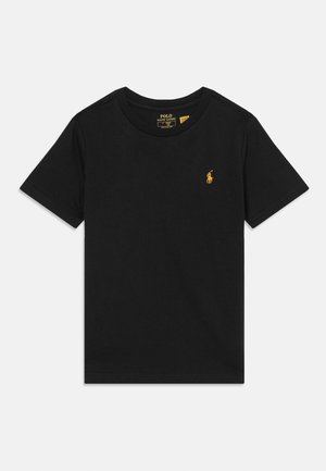 T-shirt en coton noir avec un col rond et des manches courtes. Présente un petit logo brodé jaune sur la poitrine gauche.