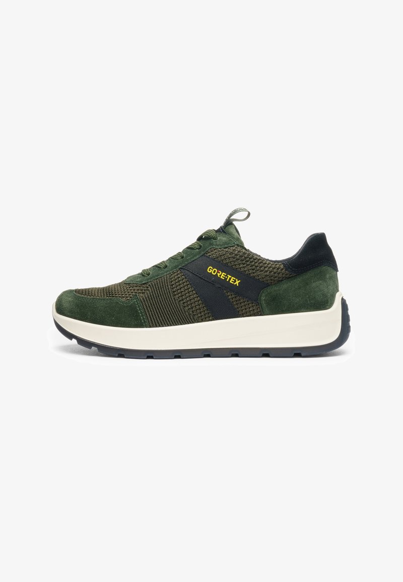 Zapatilla verde y negra con texturas de tejido y gamuza, suela blanca, suela exterior negra, etiqueta GORE-TEX en el lateral y tira para tirar en la lengüeta.