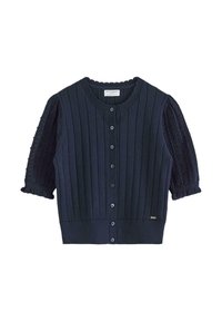 Cardigan blu navy con fronte a coste, maniche a sbuffo in pizzo e scollatura arrotondata. Caratterizzato da una chiusura con bottoni e un accento vicino all'orlo.
