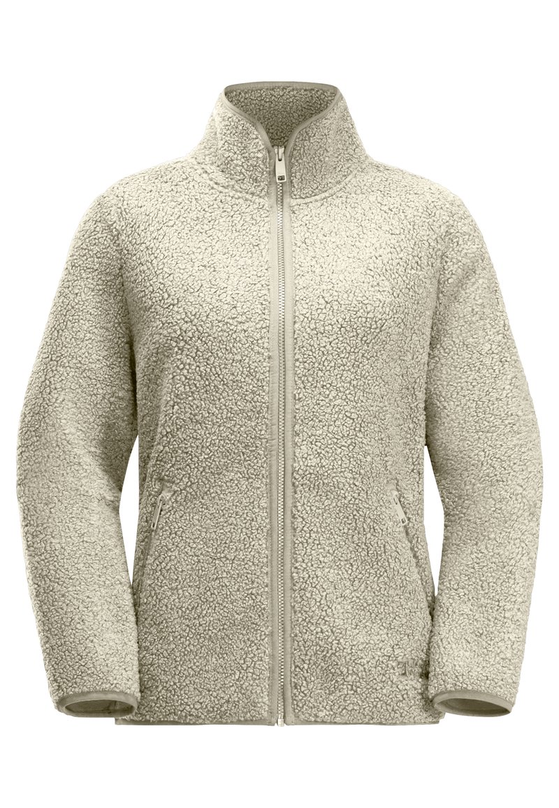 Fleecejacke in Hellgrau mit Reißverschluss vorne, hohem Kragen und zwei Seitentaschen; verfügt über eine strukturierte, weiche Oberfläche und lange Ärmel.