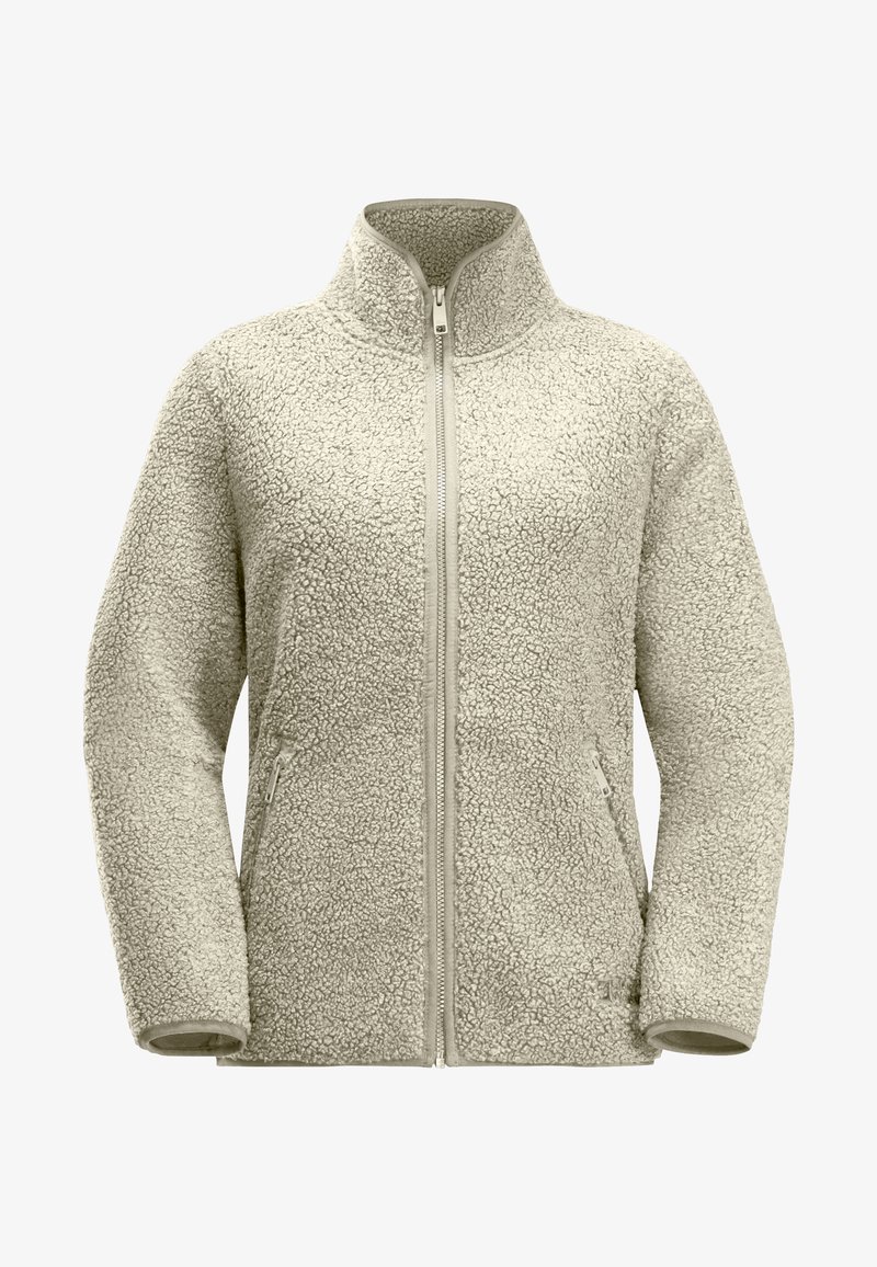Fleece jacket in light gray with a zip front, high collar, and two side pockets; features a textured, soft surface and long sleeves.