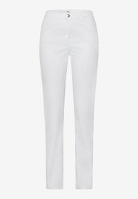 Pantalones de mezclilla blancos con corte recto, que cuentan con un cierre frontal de botón, pasadores para cinturón y bolsillos. Textura suave y diseño limpio.