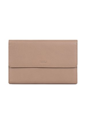 Portefeuille en cuir beige avec fermeture à rabat, bords cousus et nom de marque discrètement embossé centré sur le devant.