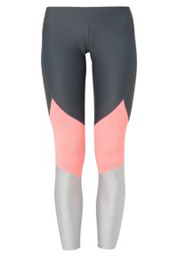 Leggings aderenti in una combinazione di grigio, rosa e pannelli argentati; texture liscia; materiale elastico progettato per l'abbigliamento sportivo.