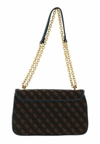 Sort stof skuldertaske med gentaget logo-mønster, guld kædetras, og mørkeblå læderdetaljer. Klaplukning med afrundede hjørner.