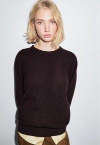 Maglione in maglia marrone scuro con scollatura rotonda, maniche lunghe e orlo a costine. Abbinato a una camicia color crema e pantaloni marroni.