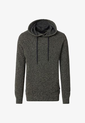 Kapuzensweatshirt aus strukturiertem dunkelgrauem Stoff, mit lockerem Schnitt, Kordelzug und Seitenschlitzen für Bewegungsfreiheit.