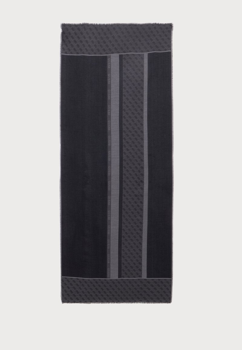 Écharpe rectangulaire gris foncé avec deux bandes verticales à motifs et le nom de la marque « Guess » répété le long d'une bande.