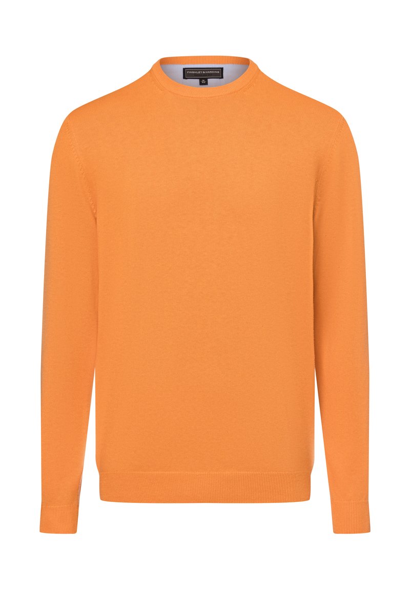 Oranje gebreide trui met lange mouwen, ronde hals en ribgebreide boorden. Zachte textuur met een uniforme kleur en geen zichtbare patronen.