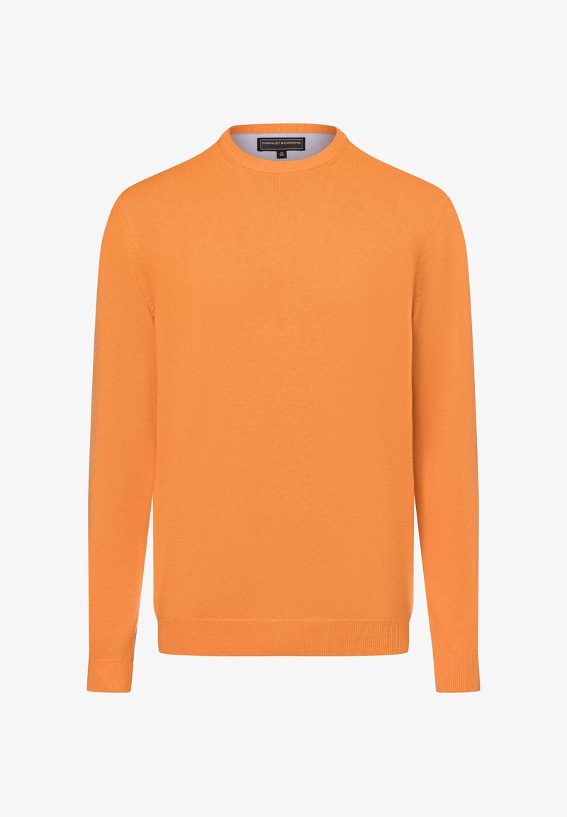 Oranje gebreide trui met lange mouwen, ronde hals en ribgebreide boorden. Zachte textuur met een uniforme kleur en geen zichtbare patronen.