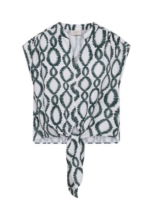 Witte blouse met korte mouwen met zwart ovaal tie-dye patroon en een knoop aan de voorkant aan de zoom.