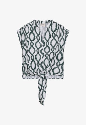 Witte blouse met korte mouwen met zwart ovaal tie-dye patroon en een knoop aan de voorkant aan de zoom.