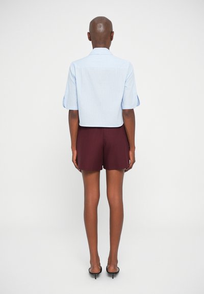Lichtblauwe shirt met korte mouwen en een subtiel ruitpatroon, gecombineerd met kastanjebruine shorts. Glad textuur en cropped fit. Zwarte sleehakken.