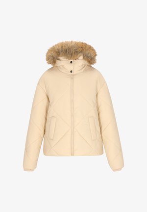 Jachetă puf în bej deschis, cu un design cu pătrățele, având o glugă cu margine din blană artificială, două buzunare frontale și un sistem de închidere cu fermoar pe față.