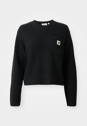 Suéter de punto canalé negro con cuello redondo, mangas largas y un bolsillo frontal con un pequeño parche de logo. Longitud corta.