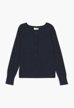 Cárdigan azul marino de manga larga con botones, cuello redondo y puños acanalados, colocado plano sobre un fondo blanco.