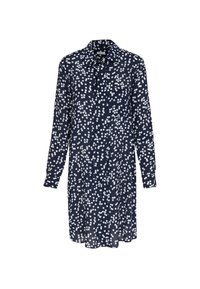 Vestito camicia a maniche lunghe di colore blu navy con un motivo a pois bianchi, collo a camicia, chiusura con bottoni e vestibilità morbida.