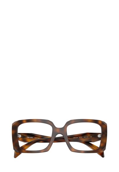 Occhiali rettangolari tartarugati marroni con montatura spessa, finitura opaca e design geometrico. Include dettagli in metallo all'interno.