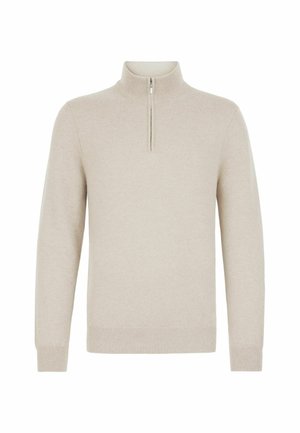 Pullover beige lavorato a maglia con colletto alto e chiusura a zip a quarto. Presenta maniche lunghe e polsini e orlo a coste. Texture morbida.