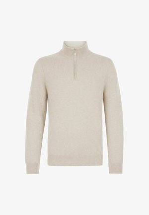Beżowy sweter dzianinowy z wysokim kołnierzem i ćwierć-zamkiem. Posiada długie rękawy oraz ściągacze przy mankietach i u dołu. Miękka tekstura.