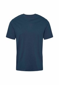 Preprosta temno modra majica s kratkimi rokavi in okroglim ovratnikom, prikazana na belem ozadju, sprednji pogled brez vzorcev ali logotipov.
